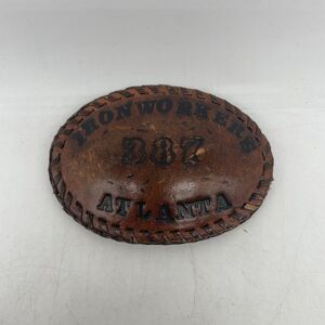 Vintage Iron Workers Atlanta 387 Mens LEATHER Belt Buckle Union Ironworkers 4 in